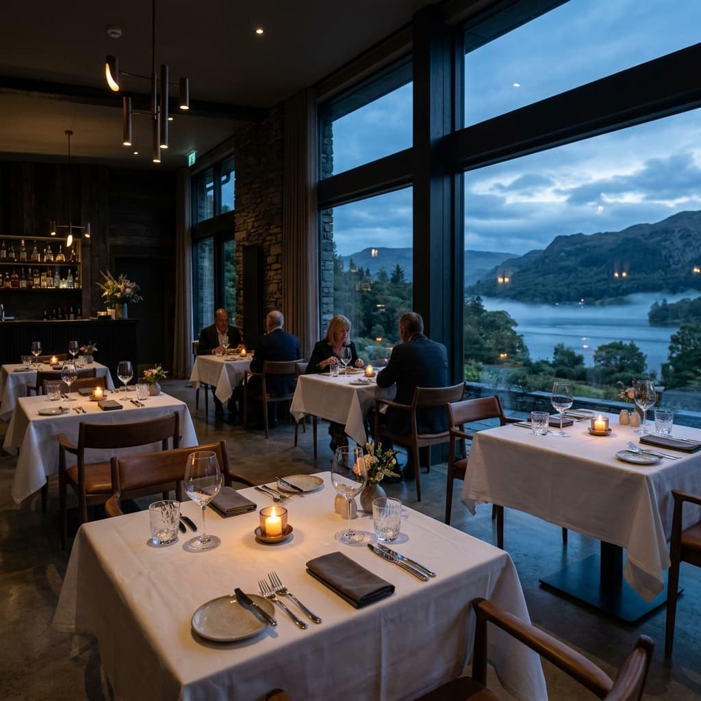Fine dining table by lake view