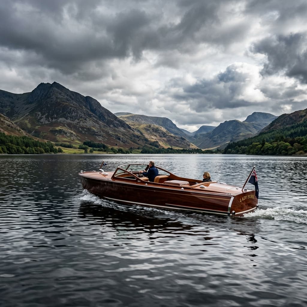 Classic wooden yacht on Ullswater